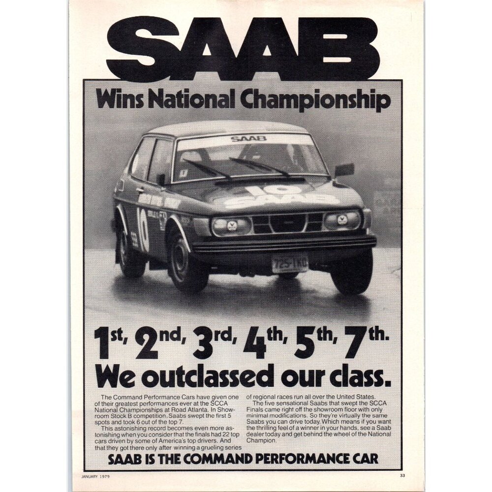 1979 Saab SCCA Championship Race Car Vintage Print Ad Command Performance Art